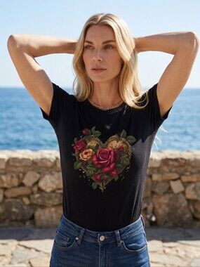 Black Short-Sleeve Tee with Red Rose Heart Graphic